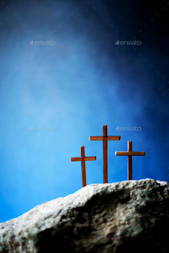 Three Wooden Cross On Calvary Hill Blue Background Crucifixion